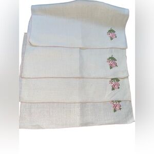 Embroidered appliqué Floral Linen Napkins set 4 17x12 pink thread trim